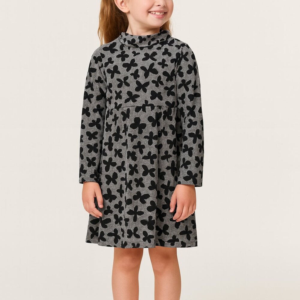 Gray and Black Butterfly Print Dress